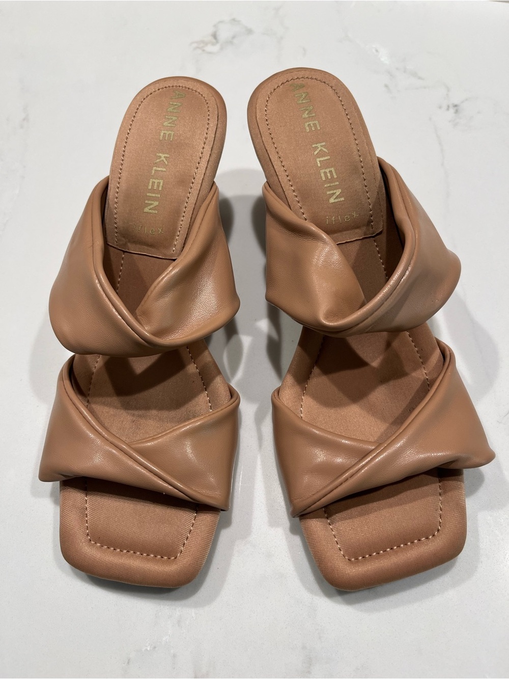 Anne Klein Sculpted Double-Band Slide Sandals in Tan